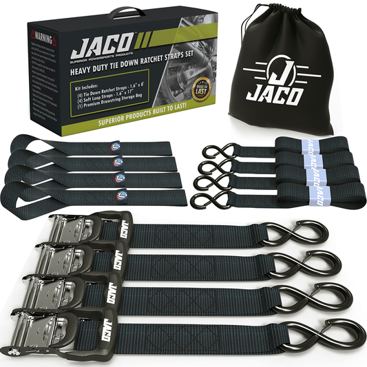 Jaco Tie Down Ratchet Straps with Soft Loops (1.6 in x 8 ft) - Heavy Duty Set | AAR Certified Break Strength (5,208 lbs)