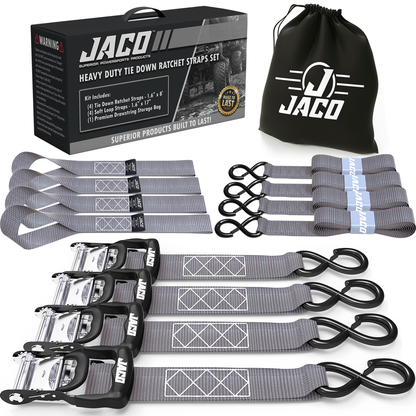 Jaco Tie Down Ratchet Straps with Soft Loops (1.6 in x 8 ft) - Heavy Duty Set | AAR Certified Break Strength (5,208 lbs)
