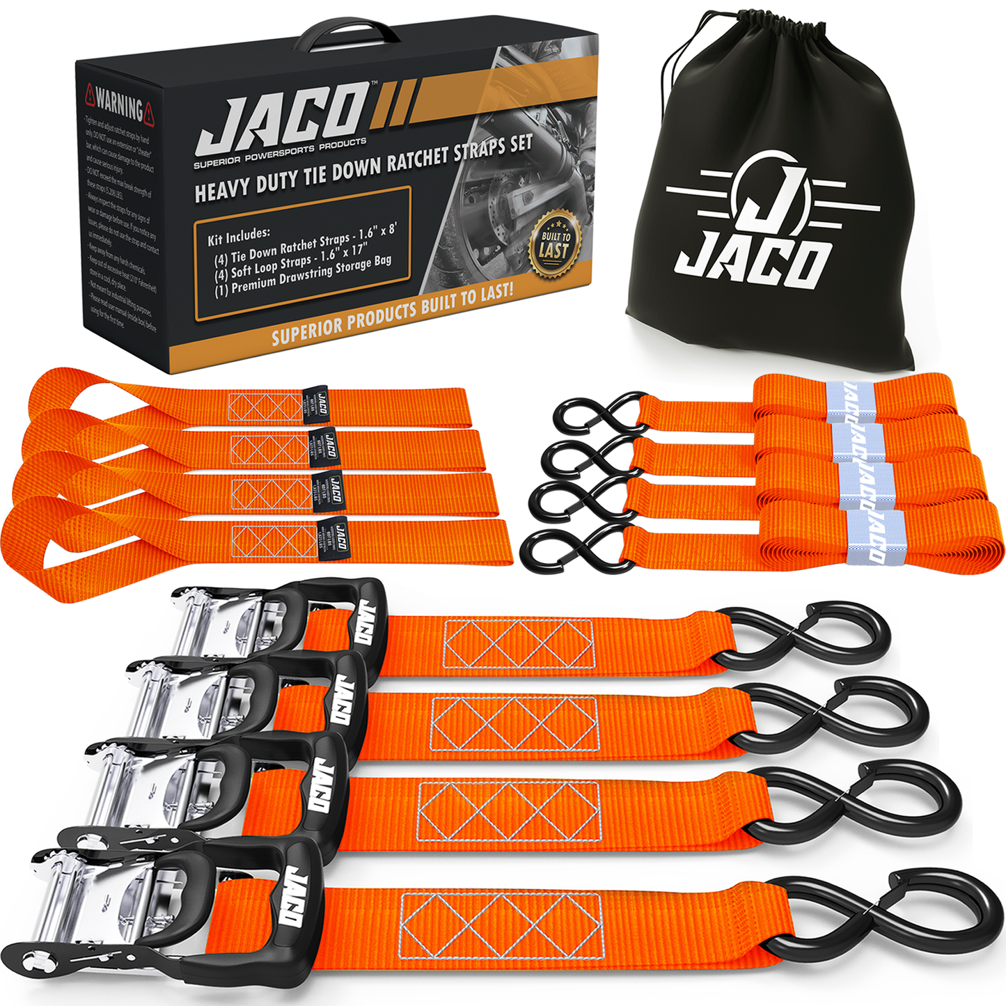 Jaco Tie Down Ratchet Straps with Soft Loops (1.6 in x 8 ft) - Heavy Duty Set | AAR Certified Break Strength (5,208 lbs)