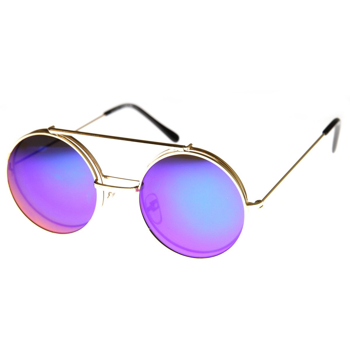 zeroUV Retro Round Steampunk Mirrored Lens Flip Up Sunglasses 8966