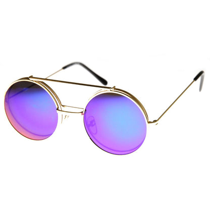 zeroUV Retro Round Steampunk Mirrored Lens Flip Up Sunglasses 8966