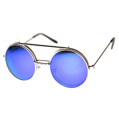 zeroUV Retro Round Steampunk Mirrored Lens Flip Up Sunglasses 8966