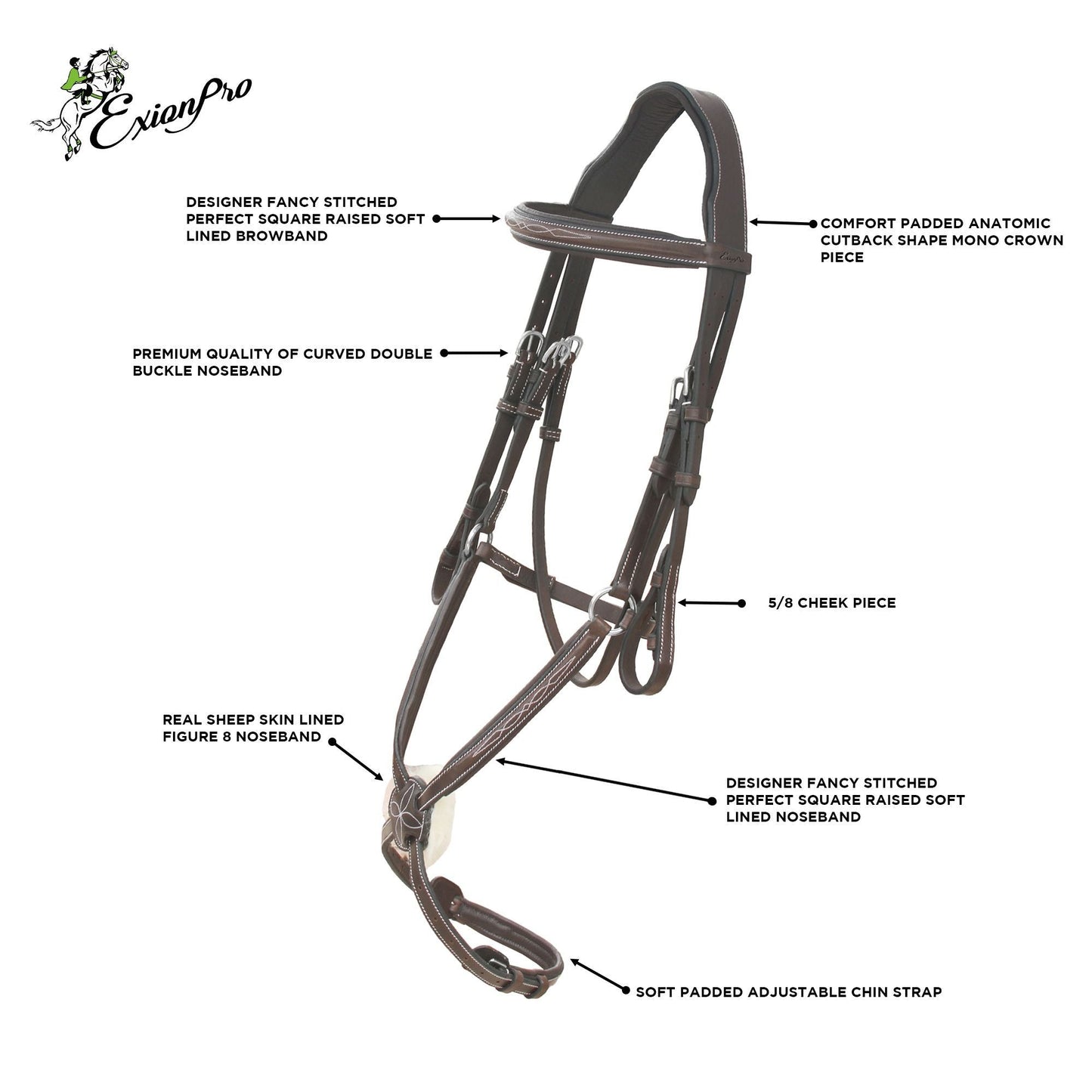 Bridles & Reins ExionPro Designer Fancy Stitched Figure 8 English Bridle With Rubber Reins