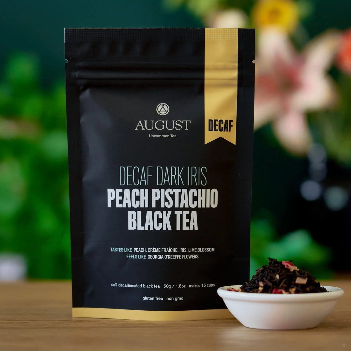 August Uncommon Tea Decaf Dark Iris - Peach Pistachio Black Tea