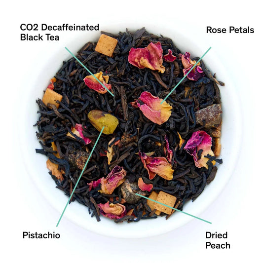 August Uncommon Tea Decaf Dark Iris - Peach Pistachio Black Tea