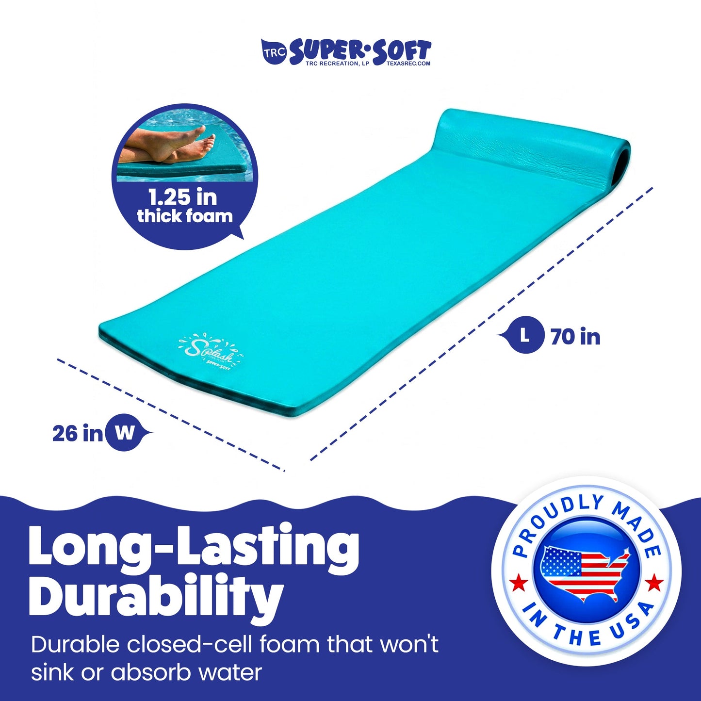 TRC Recreation Splash 1.25" Thick Foam Swimming Pool Float Mat, Tropical Teal