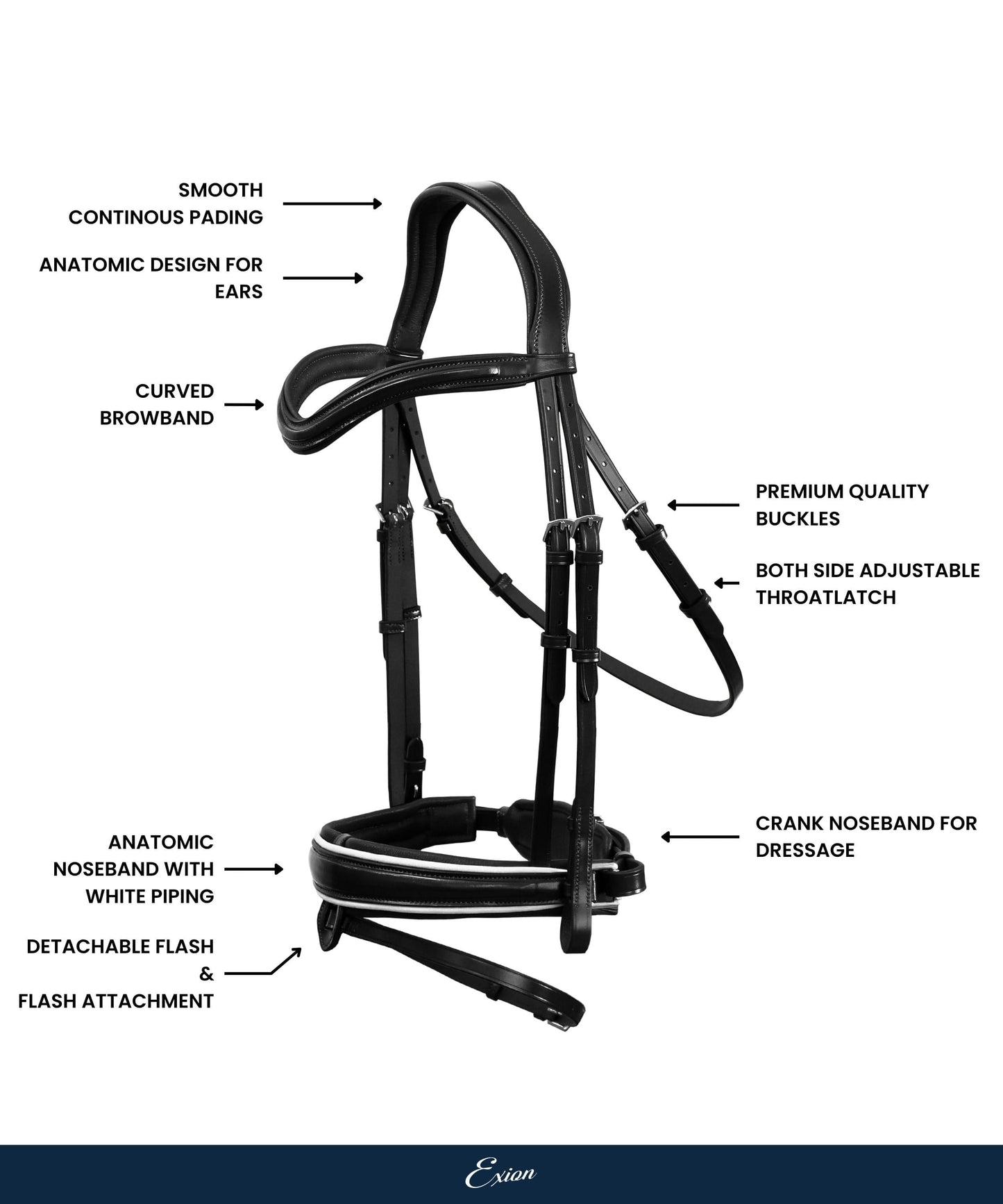 Bridles & Reins ExionPro Comfort Lined White Piping Broad Dressage Bridle With Web Reins