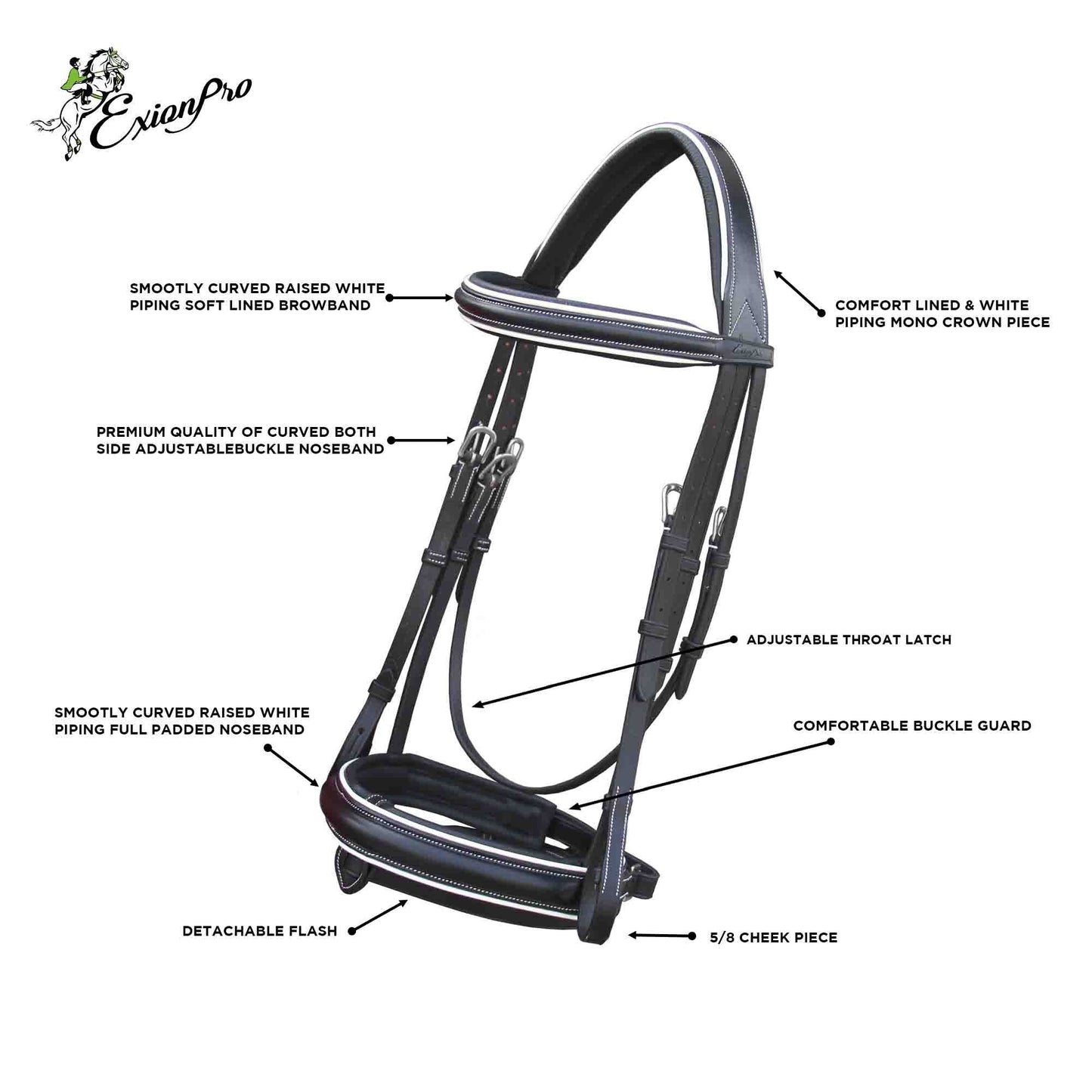 Bridles & Reins ExionPro Comfort Lined White Piping Broad Dressage Bridle With Web Reins