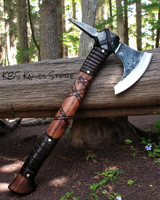 KBS Knives Viking Axe – Forged 1095 High Carbon Steel with Engraved Rosewood & Leather Wrap