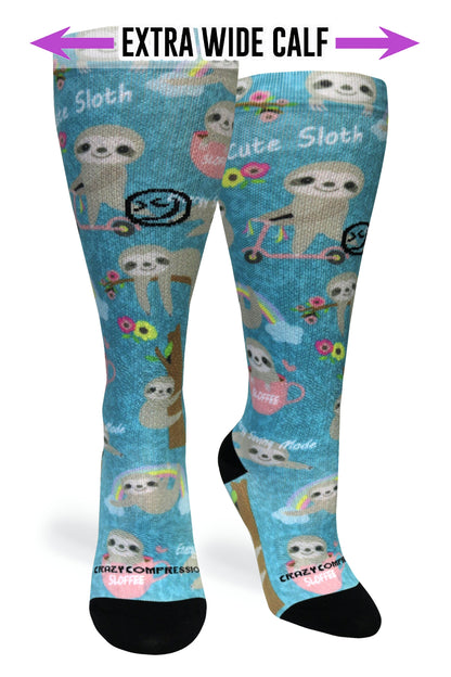 Crazy Compression Aqua Cute Sloths - (Standard & Extra Wide)