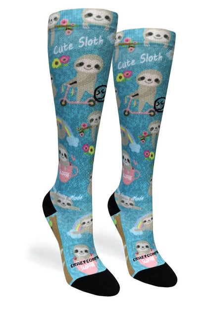 Crazy Compression Aqua Cute Sloths - (Standard & Extra Wide)