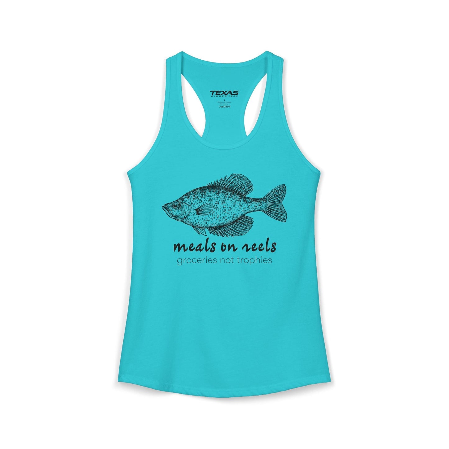 Texas Rigged Tees Meals on Reels: Groceries Not Trophies — Women’s Racerback Tank