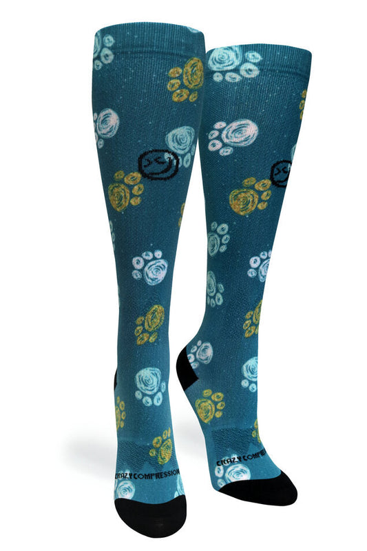 Crazy Compression Best Frens Paw Prints Dk Teal - (Standard & Extra Wide)