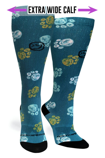 Crazy Compression Best Frens Paw Prints Dk Teal - (Standard & Extra Wide)