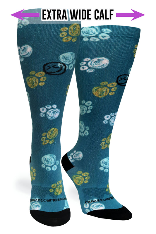 Crazy Compression Best Frens Paw Prints Dk Teal - (Standard & Extra Wide)