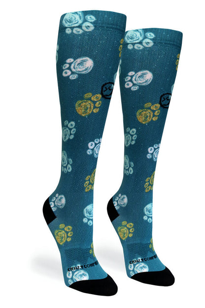 Crazy Compression Best Frens Paw Prints Dk Teal - (Standard & Extra Wide)