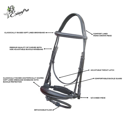 Bridles & Reins ExionPro Dressage Bridle: Mono Crown, Raised Browband, Anatomical Noseband, Detachable Flash & Web Reins