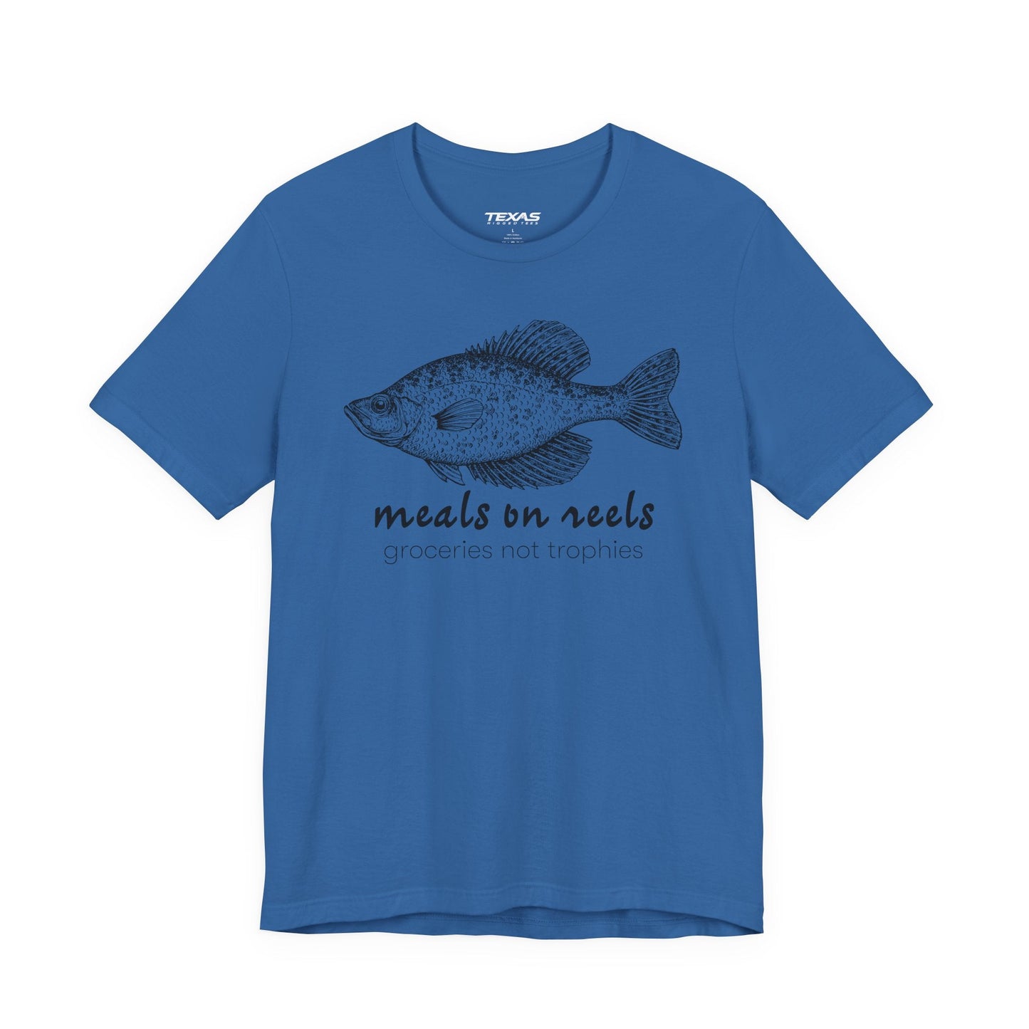 Texas Rigged Tees Meals on Reels: Groceries Not Trophies — Unisex Cotton Tee