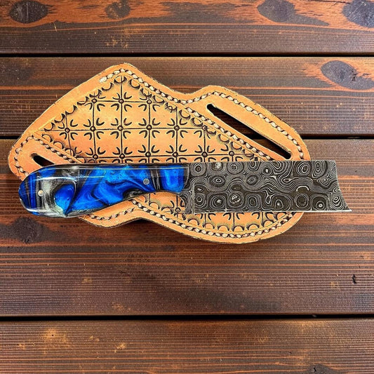 Frontier Cowboy Gear The Thunderhead – Custom Handmade Raindrop Damascus Steel Bull Cutter Knife with Epoxy Resin Handle & Leather Sheath
