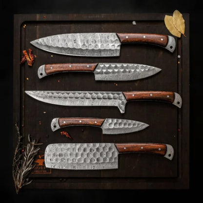 Texan Knives Best Dishwasher Safe Knife Set – 13" Forged Damascus Steel Blade with Bone & Pakkawood Handle + Leather Sheath