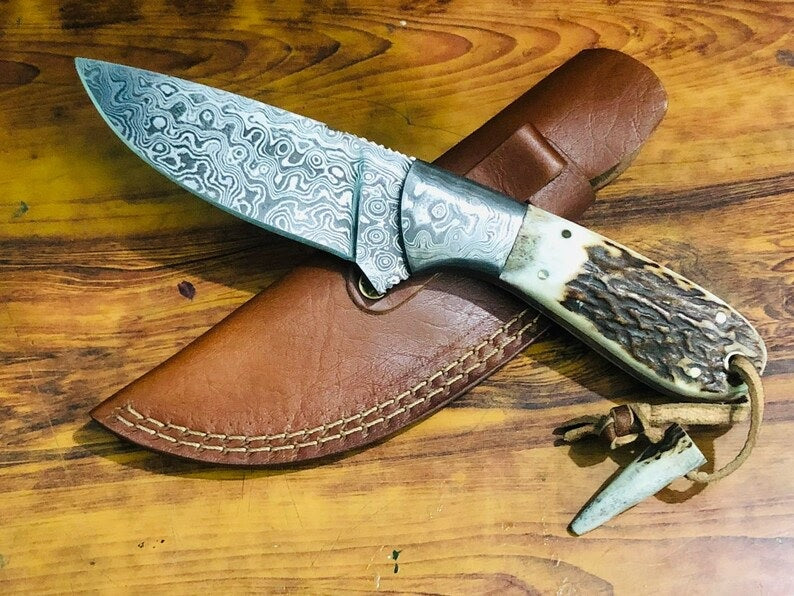KBS Knives Deer Skinning Knife Custom Handmade Raindrops Damascus Steel with Antler Horn Handle, 8.5-inch - The Wildcrest