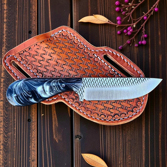 Frontier Cowboy Gear The Dusty Trail – Custom Handmade Rasp Steel Knife with Epoxy Resin Handle & Leather Sheath