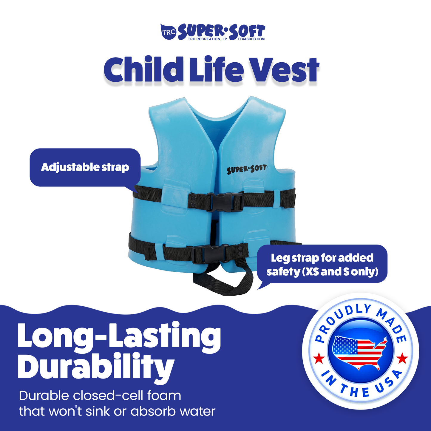TRC Recreation Super Soft Child Life Jacket Swim Safety Vest, Small, Marina Blue