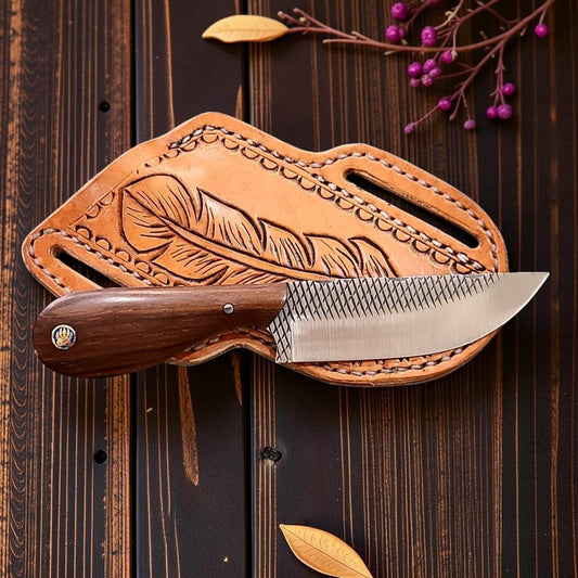Frontier Cowboy Gear The Red River – Custom Handmade Rasp Steel Knife with Rosewood Handle & Leather Sheath