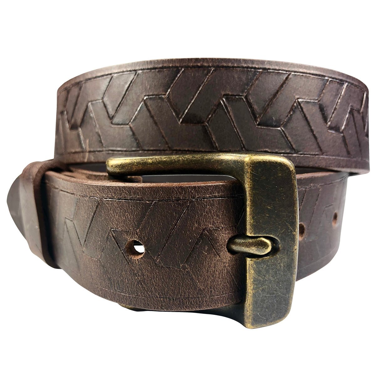 1.25"(32mm) Embossed Geometric Weave Brown Buffalo Leather Belt Handmade in Canada by Zelikovitz Size 26 - 46 - Angler's Pro Tackle & Outdoors