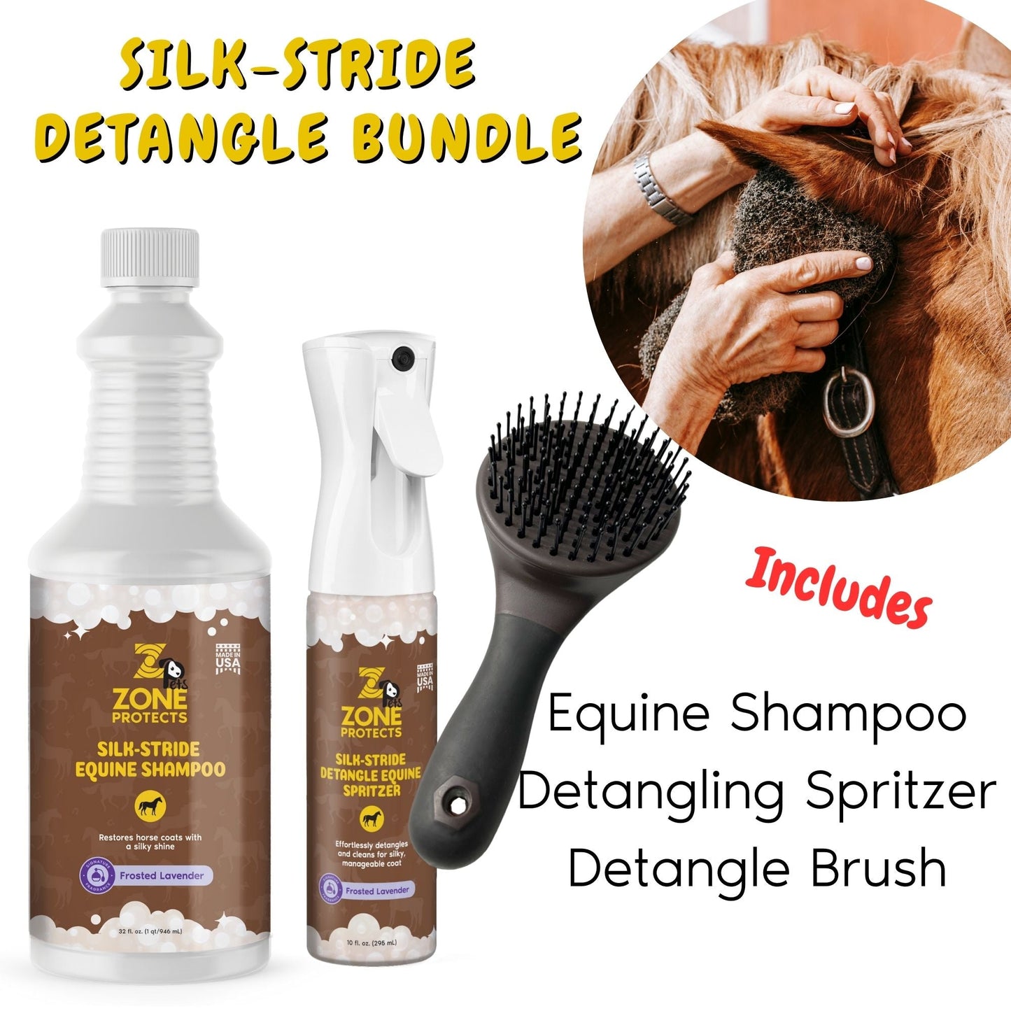 Zone Protects Silk Stride Detangle Equine Bundle