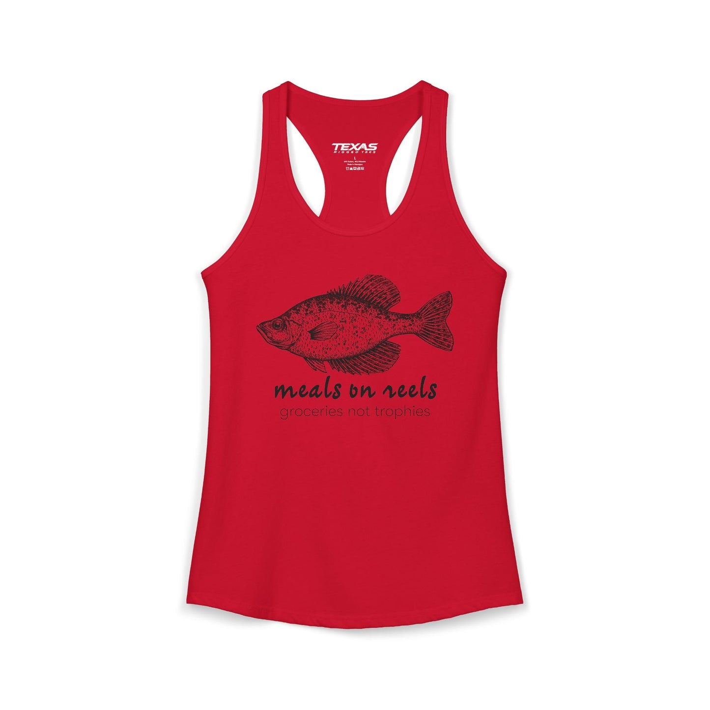 Texas Rigged Tees Meals on Reels: Groceries Not Trophies — Women’s Racerback Tank