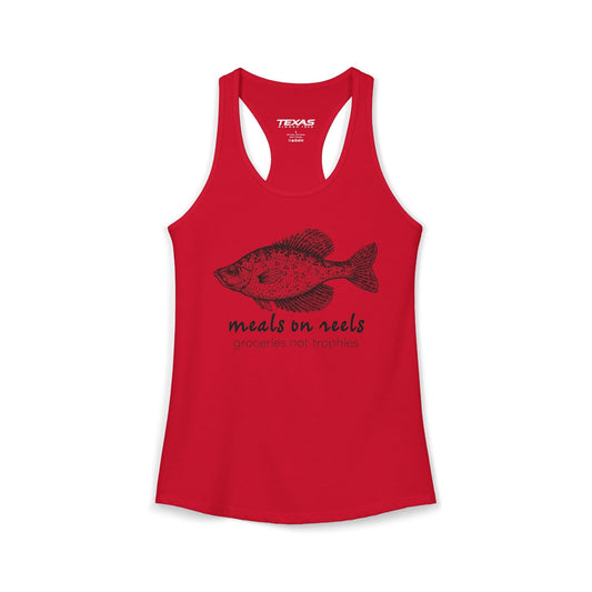 Texas Rigged Tees Meals on Reels: Groceries Not Trophies — Women’s Racerback Tank