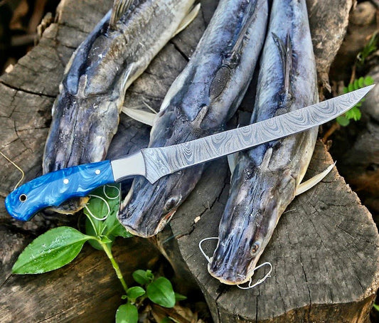 Texan Knives Custom Handmade 13-Inch Damascus Steel Fillet Knife Blank with Resin Handle – Premium Leather Sheath