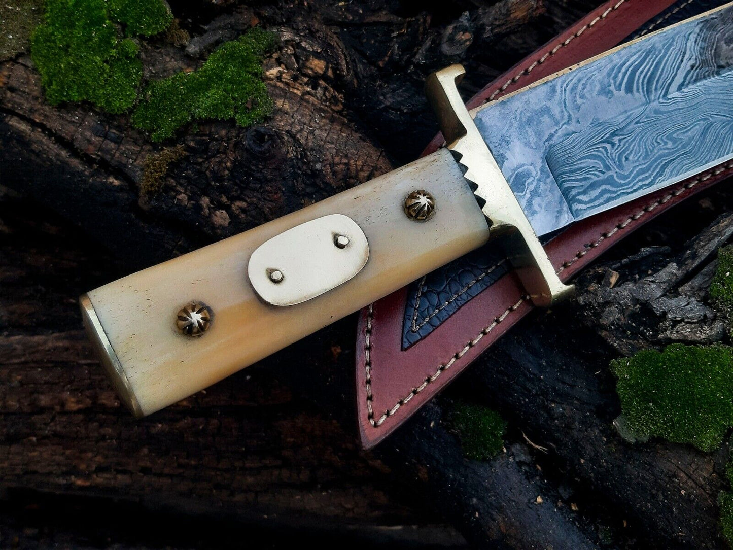 Texan Knives Damascus Steel Cowboy Bowie Knife – 13" with Brass Guard and Camel Bone Handle, Leather Sheath Included