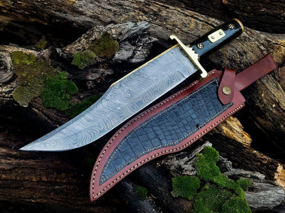 Texan Knives 13-Inch Damascus Steel Cowboy Bowie Knife with Buffalo Horn Handle & Leather Sheath – Perfect Gift for Knife Enthusiasts