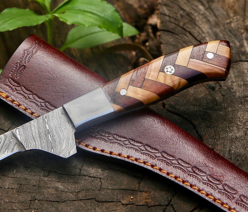 Texan Knives Handmade Damascus Fillet Knife 8” – Rosewood & Olive Wood Handle + Leather Sheath