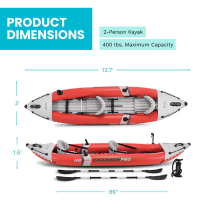 Intex Excursion Pro Inflatable 2 Person Vinyl Kayak with 2 Oars and Pump, Red