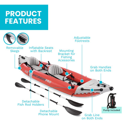 Intex Excursion Pro Inflatable 2 Person Vinyl Kayak with 2 Oars and Pump, Red