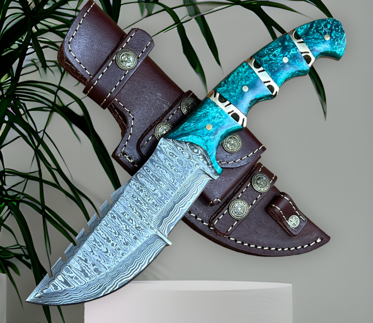 KBS Knives Damascus Handmade Tom Brown Tracker Knife For Sale with Epoxy Resin and Brass Spacers Handle - Overall Length 10 Inches