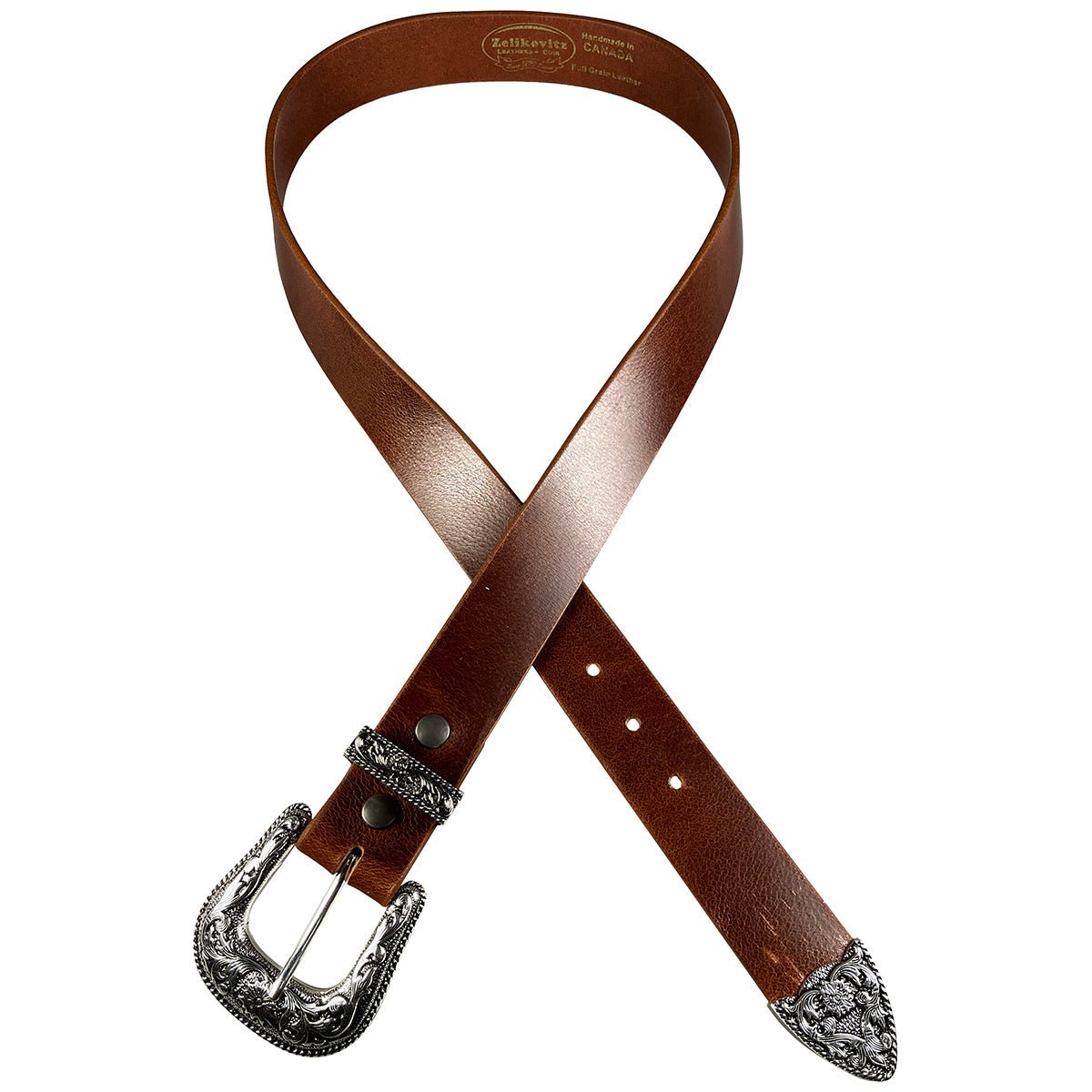 1.5" (38mm) Cognac Western Style Leather Belt Handmade in Canada by Zelikovitz - Angler's Pro Tackle & Outdoors