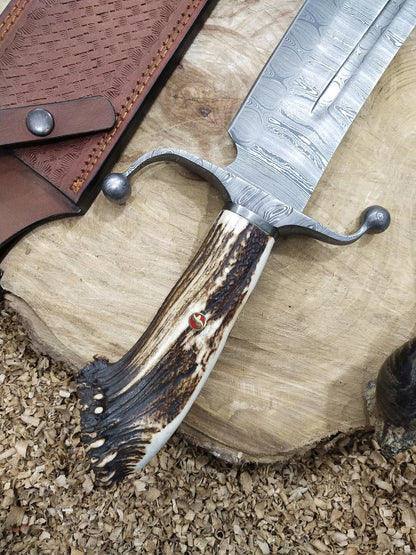 KBS Knives Custom Handmade Bowie Knife with Twisted Damascus Steel Blade and Antler Horn Handle - 15 Inches