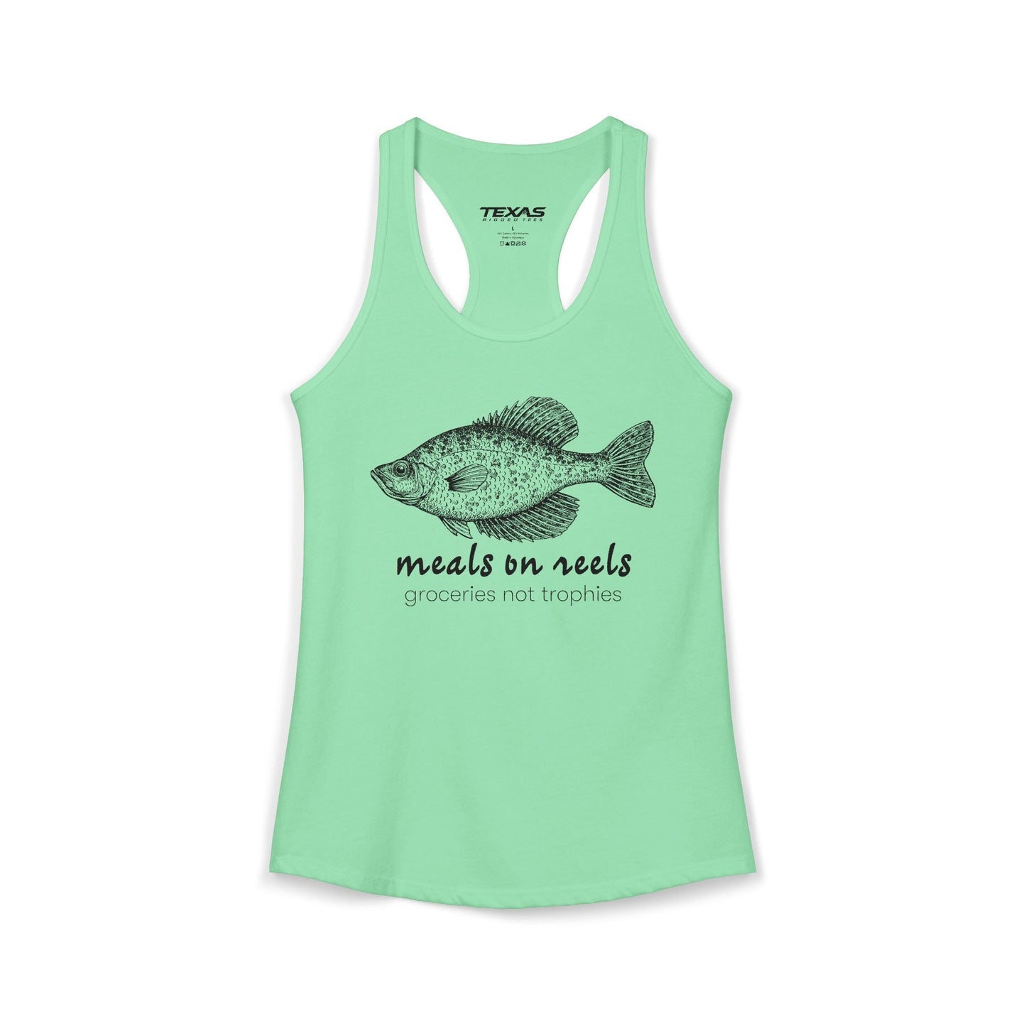 Texas Rigged Tees Meals on Reels: Groceries Not Trophies — Women’s Racerback Tank