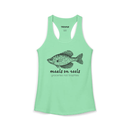 Texas Rigged Tees Meals on Reels: Groceries Not Trophies — Women’s Racerback Tank