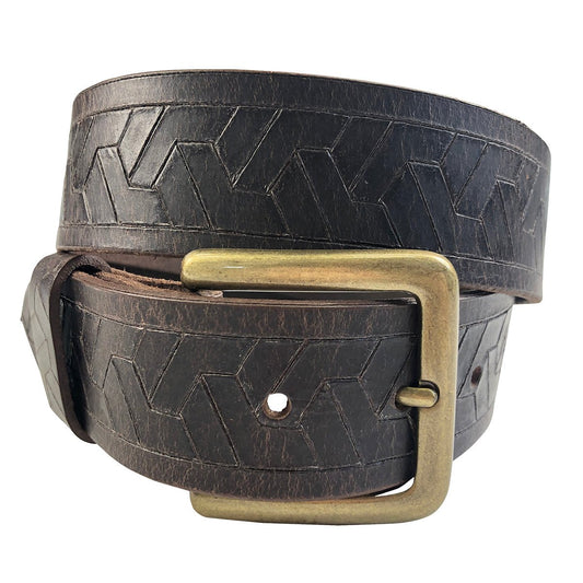 1.5"(38mm) Embossed Geometric Weave Brown Buffalo Leather Belt Handmade in Canada by Zelikovitz Size 26 - 46 - Angler's Pro Tackle & Outdoors