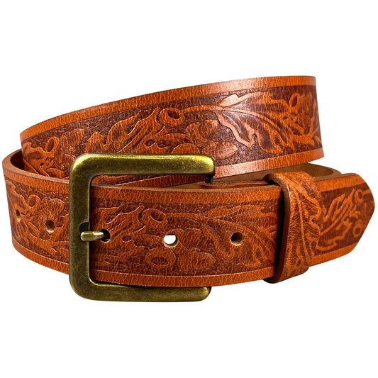 1.5"(38mm) Embossed Oak Full Grain Leather Belt Handmade in Canada by Zelikovitz Size 26 - 46 - Angler's Pro Tackle & Outdoors