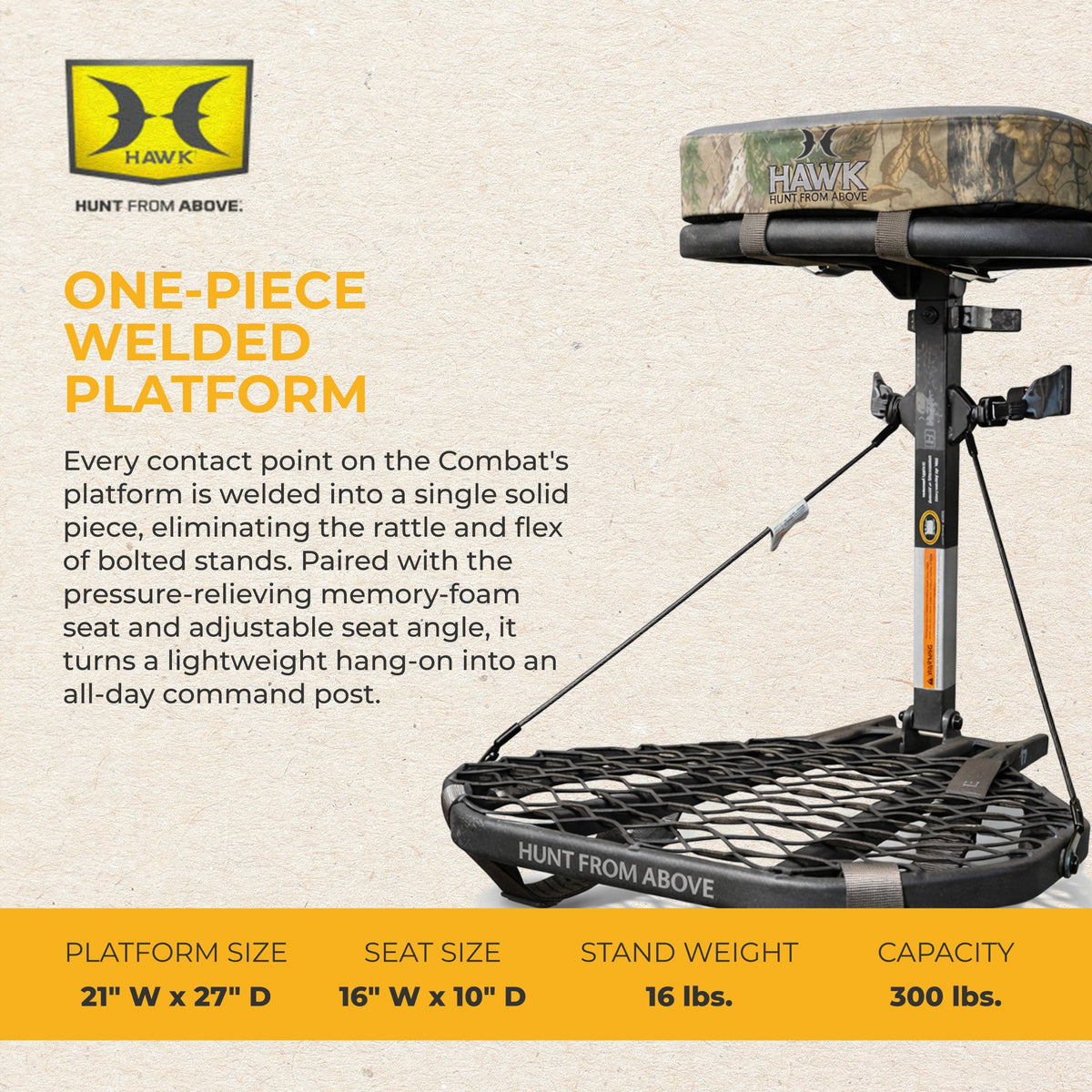 Hawk COMBAT Durable Steel Hang-On Hunting Tree Stand & Full-Body Safety Harness