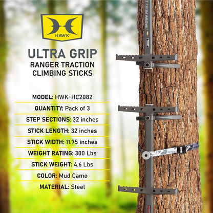 Hawk HWK-HC2082 Treestands Ranger Traction 3 Pack Climbing Sticks, Mud Camo