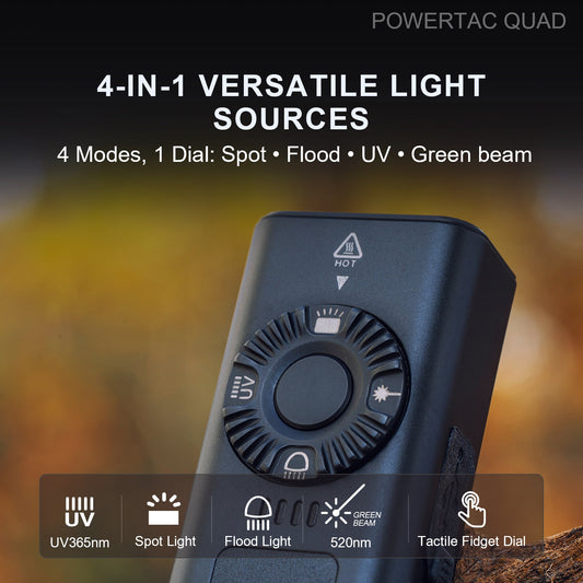 POWERTAC QUAD 2000 Lumen Flashlight | 4-in-1 Flat Design | USB-C Rechargeable | Green Laser + UV + Warm Side Light | Brightest Multi-Beam Tactical Light
