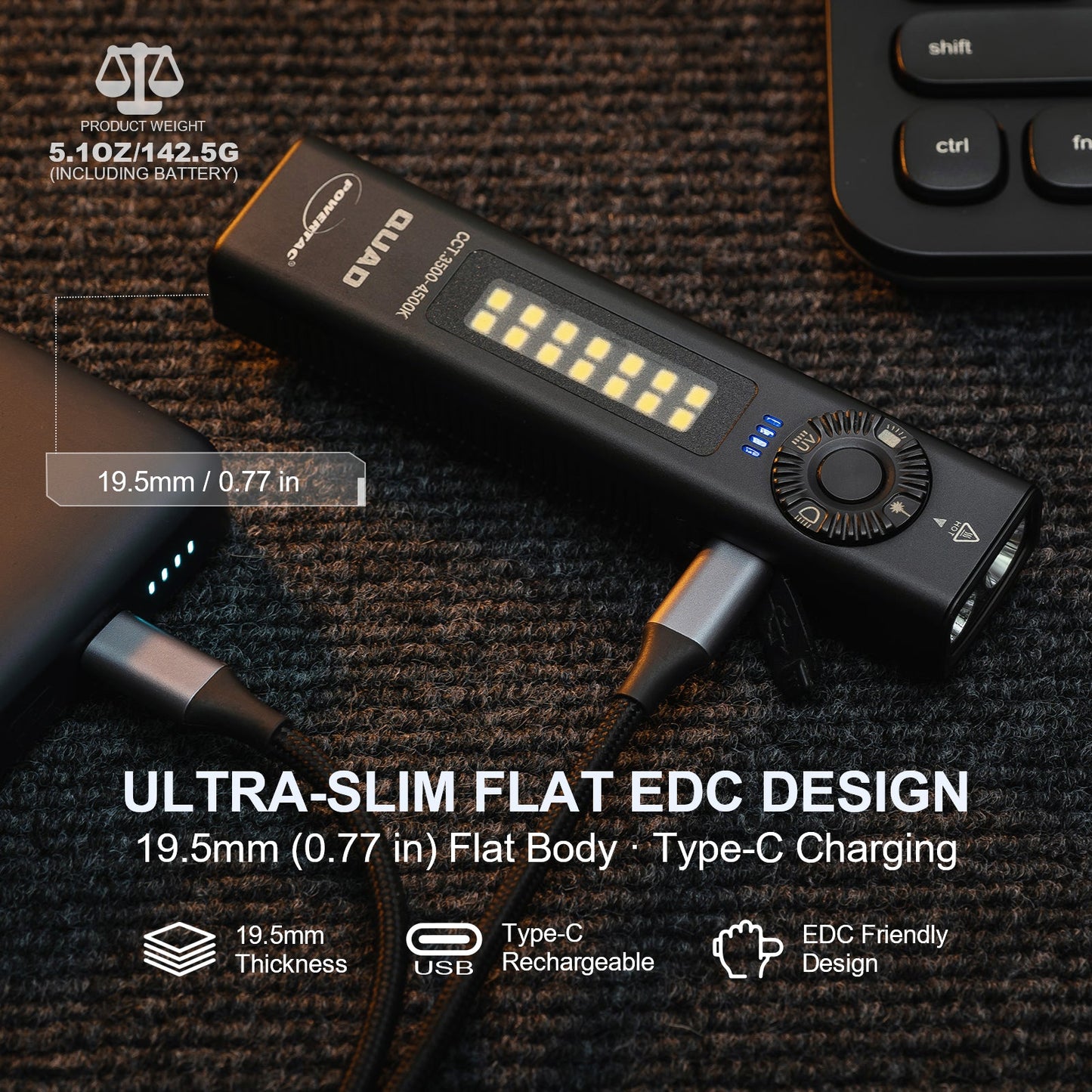 POWERTAC QUAD 2000 Lumen Flashlight | 4-in-1 Flat Design | USB-C Rechargeable | Green Laser + UV + Warm Side Light | Brightest Multi-Beam Tactical Light