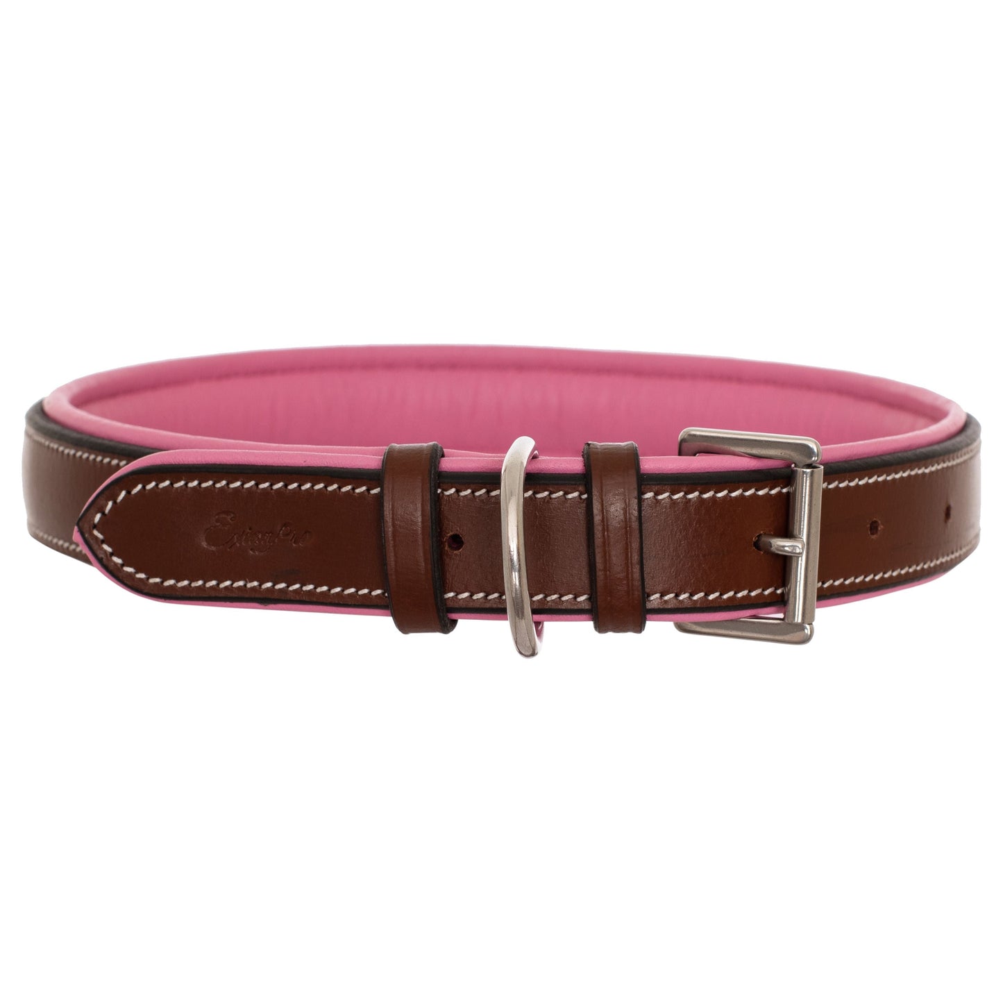 Bridles & Reins ExionPro Fancy Stitched Padded Leather Dog Collar - Pink Padding